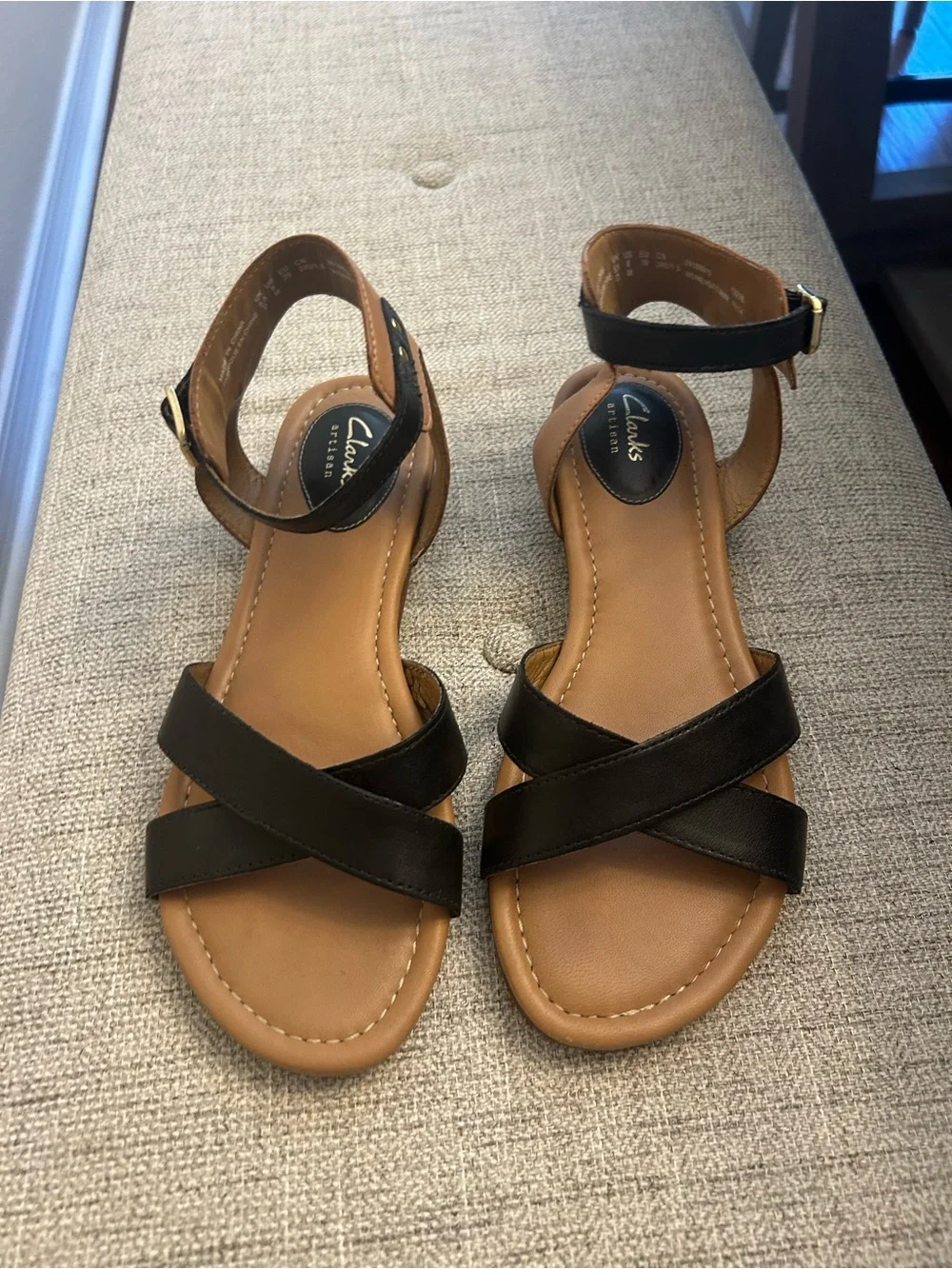Clarks Black Leather Cross-Strap Ankle Sandals